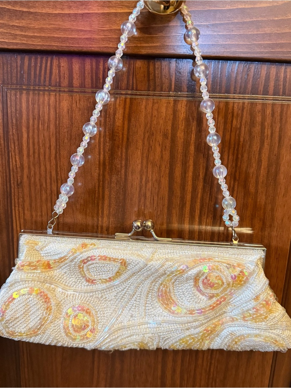 Iridescent Sequin Cream Evening Clutch with Beaded Strap